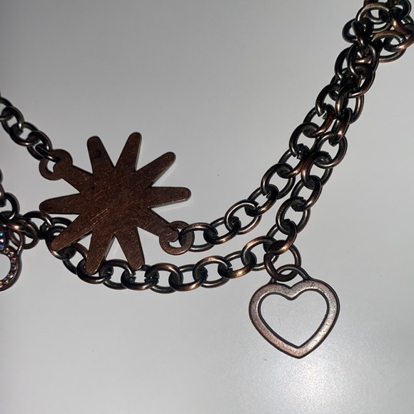 KEPT 😛 VINTAGE BRONZE TONE HEART STAR FAUX CRYSTAL CHUNKY CHAIN NECKLACE - Picture 7 of 8